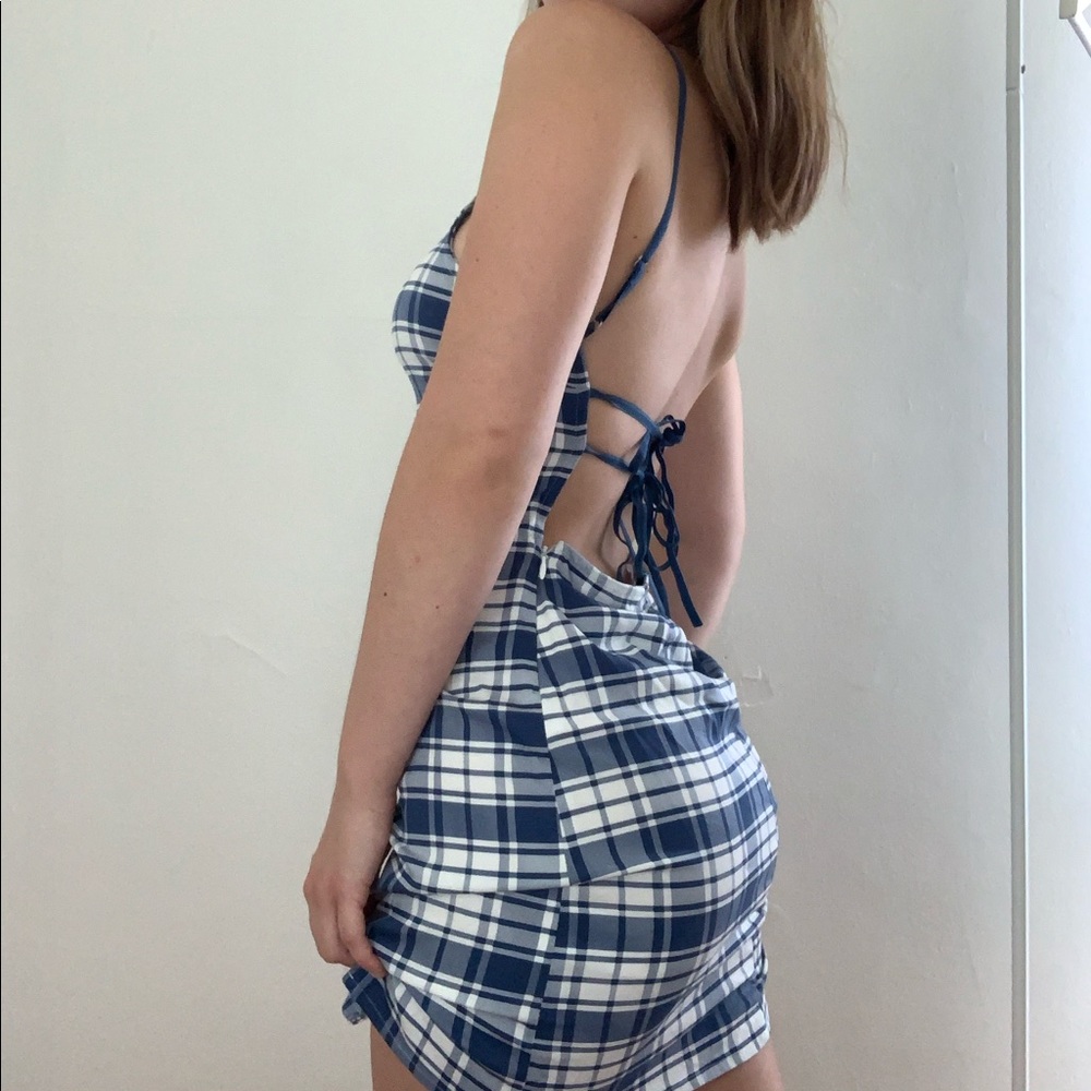 Blue and white plaid dress.